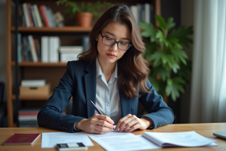 Jeune femme organisée avec documents officiels dans un bureau