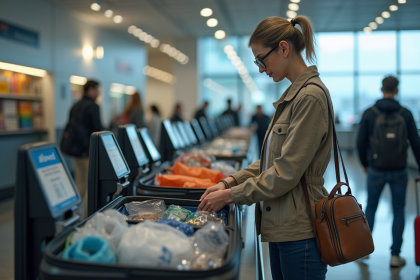 Femme organis&eacute;e &agrave; l'a&eacute;roport v&eacute;rifiant ses bagages pour le voyage