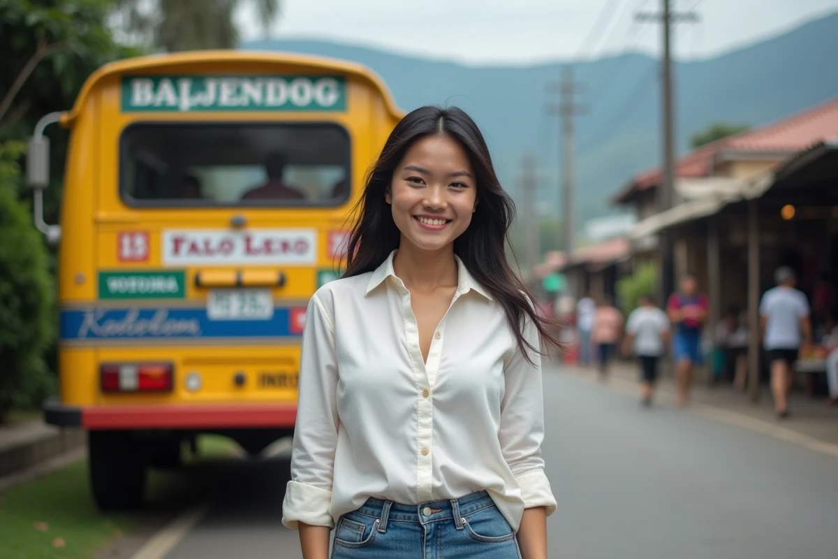 Femme philippine souriante devant un jeepney coloré à Mindanao