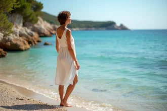 Femme contemplant la mer sur une plage méditerranéenne