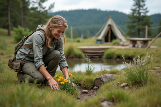 Femme plantant des fleurs sauvages dans un camping naturel