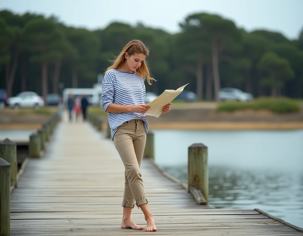Femme consultant une carte sur le ponton de la plage de Conleau &agrave; Vannes en Bretagne