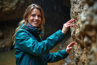 Femme souriante dans la grotte des Vents en randonnée