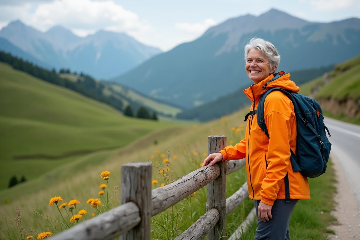 Femme en veste de randonnée admire le paysage des Pyrénées
