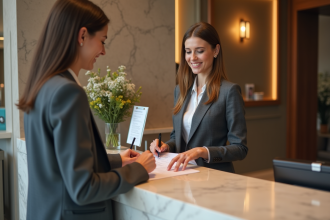 Femme souriante à la réception d'un hôtel élégant