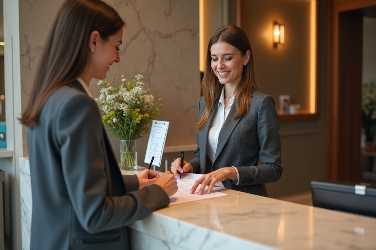 Femme souriante à la réception d'un hôtel élégant