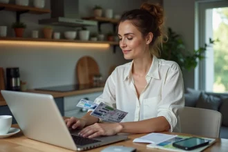 Femme détendue compare deux billets de train à la maison