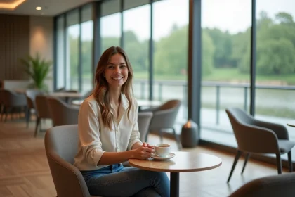 Femme souriante dans un lobby de hotel moderne avec vue sur la nature