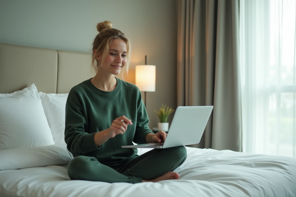 Jeune femme travaillant en visioconférence depuis sa chambre d'hôtel, illustrant le concept de daysue et de télétravail productif à l'hôtel