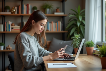 Femme au bureau comparant outils de traduction en ligne
