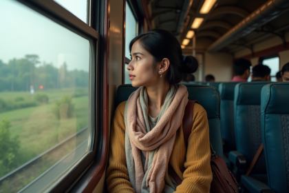 Jeune femme dans un train indien regardant par la fen&ecirc;tre