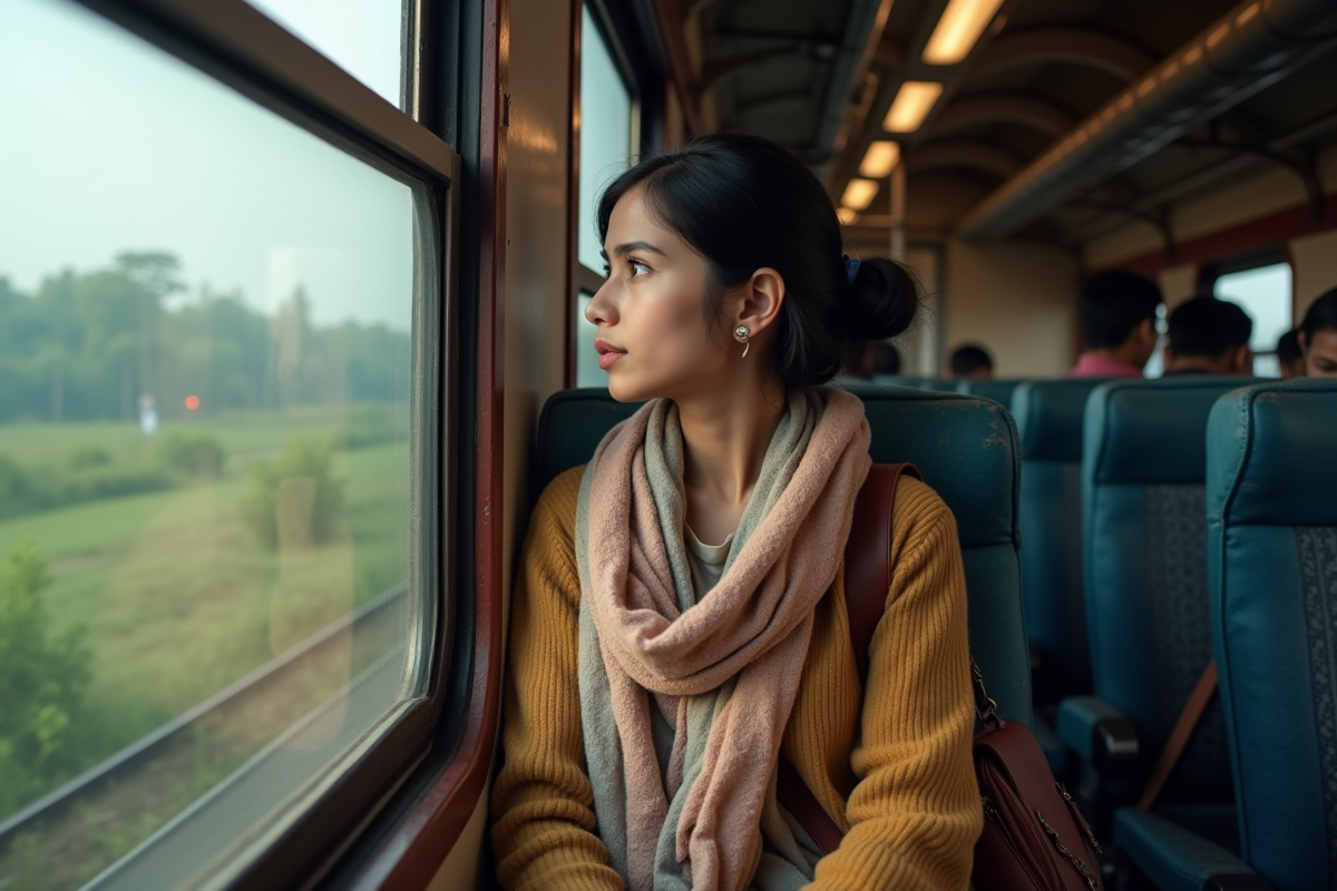 Jeune femme dans un train indien regardant par la fenêtre