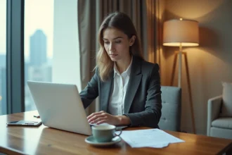 Femme travaillant sur son ordinateur portable dans un espace de travail d'hôtel contemporain avec vue sur la ville, illustrant la productivité en séjour hôtelier