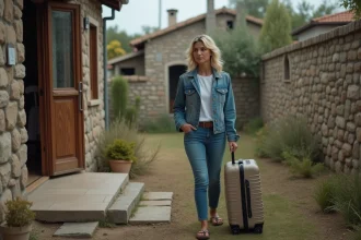 Femme en voyage devant maison vide en banlieue