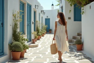 Jeune femme en robe légère dans un village grec à Tinos