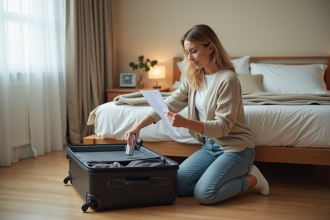 Femme vérifiant sa valise de voyage dans une chambre moderne