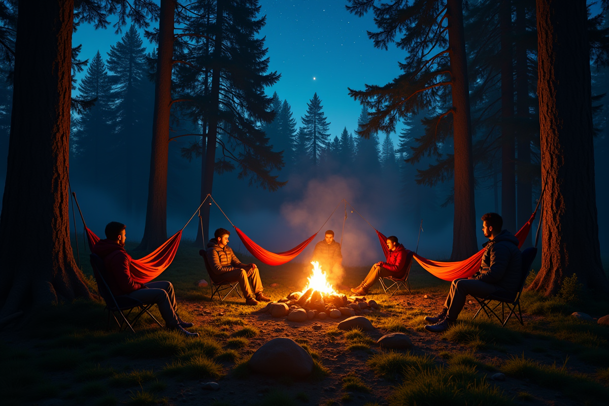 Campsite nocturne avec feu de camp et campeurs sous les étoiles
