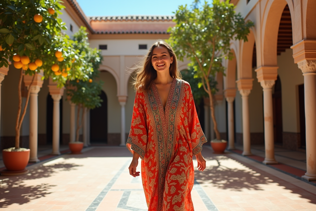 Jeune femme souriante dans une cour de riad colorée
