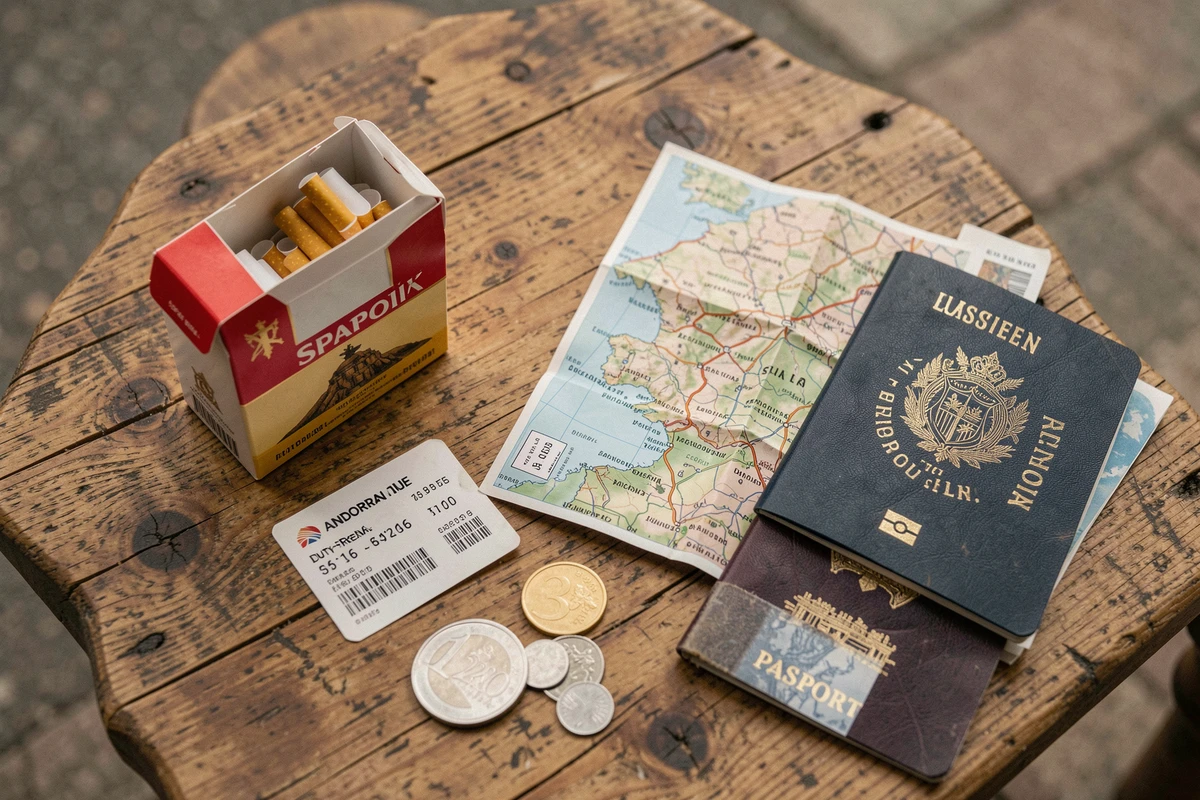 Cartouche de tabac espagnol, reçu de détaxe andorran, carte routière et passeport disposés sur une table en bois, vue de dessus