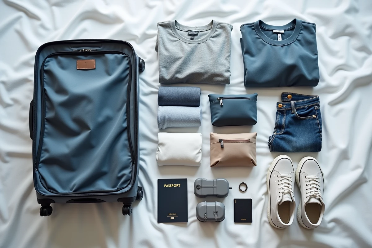 Vue de dessus d'une valise ouverte entourée de vêtements pliés et d'accessoires de voyage organisés sur un lit blanc