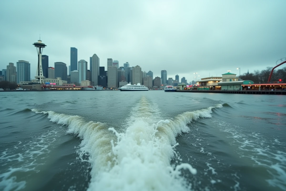 Vue depuis la baie d'Elliott sur le front de mer de Seattle avec le Pike Place Market et la Space Needle en arrière-plan
