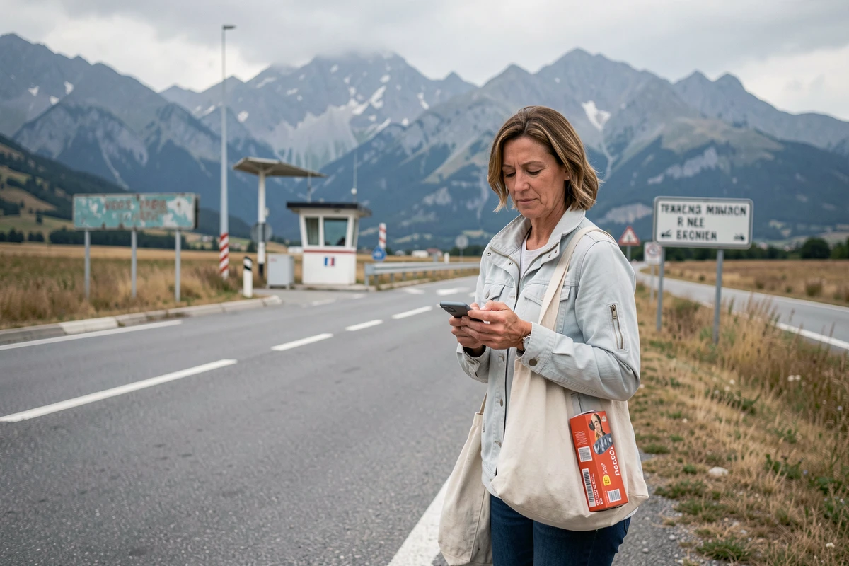 Femme traversant la frontière franco-espagnole avec une cartouche de tabac, décor des Pyrénées en arrière-plan