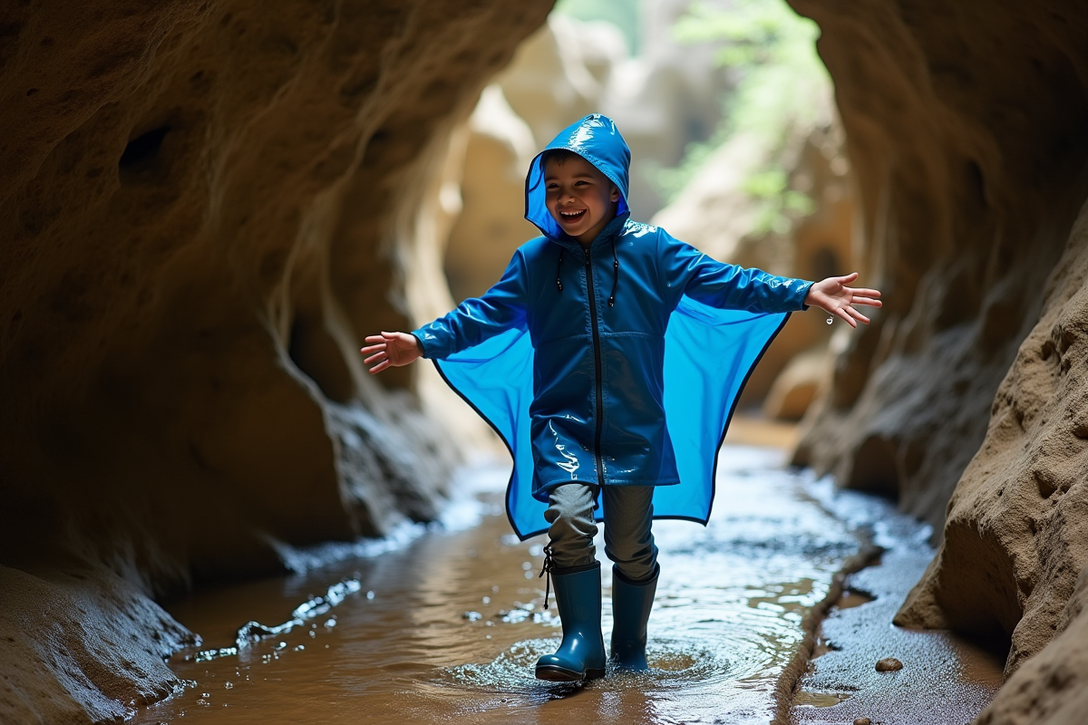 Garçon riant avec poncho dans la grotte des Vents
