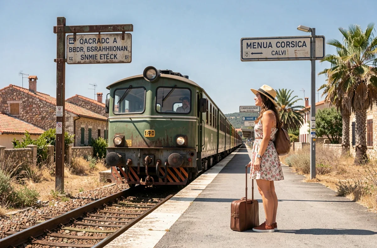Gare de Calvi en Corse avec un train régional et une voyageuse attendant sur le quai lors d'un week-end romantique