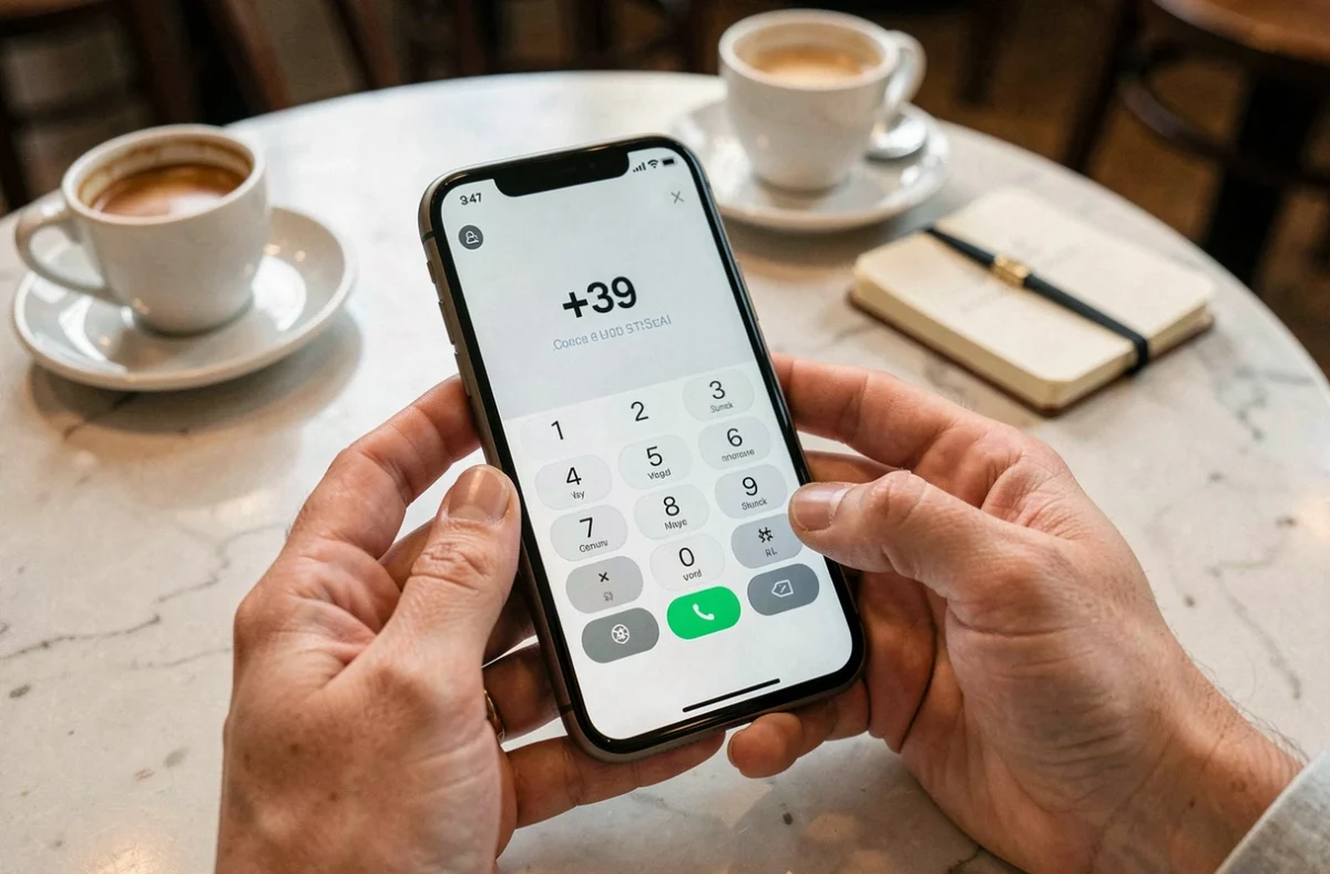 Gros plan de mains saisissant l'indicatif téléphonique +39 de l'Italie sur un smartphone posé sur une table en marbre dans un café