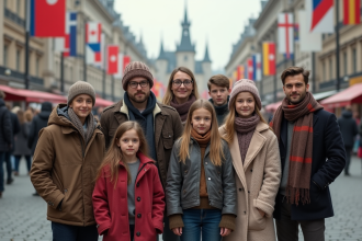 Groupe divers d'européens dans une place urbaine animée
