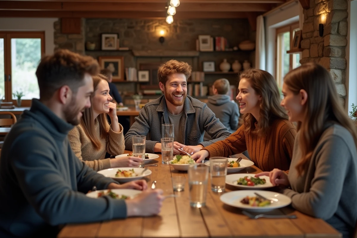 Jeunes adultes partageant un repas dans une auberge chaleureuse