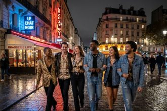 Groupe de jeunes adultes LGBTQ+ en tenues colorées marchant dans une rue parisienne nocturne mouillée avec reflets de néons