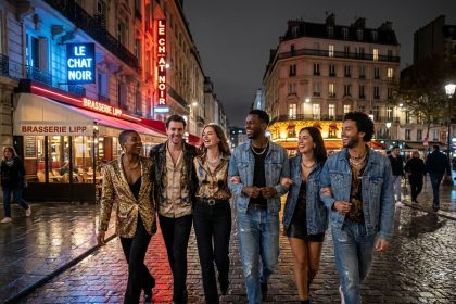Groupe de jeunes adultes LGBTQ+ en tenues colorées marchant dans une rue parisienne nocturne mouillée avec reflets de néons