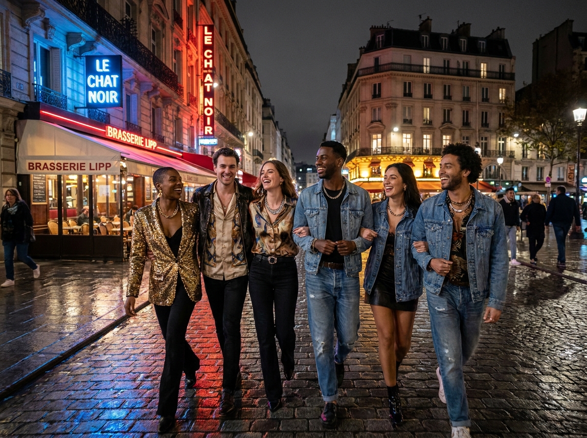 Groupe de jeunes adultes LGBTQ+ en tenues colorées marchant dans une rue parisienne nocturne mouillée avec reflets de néons
