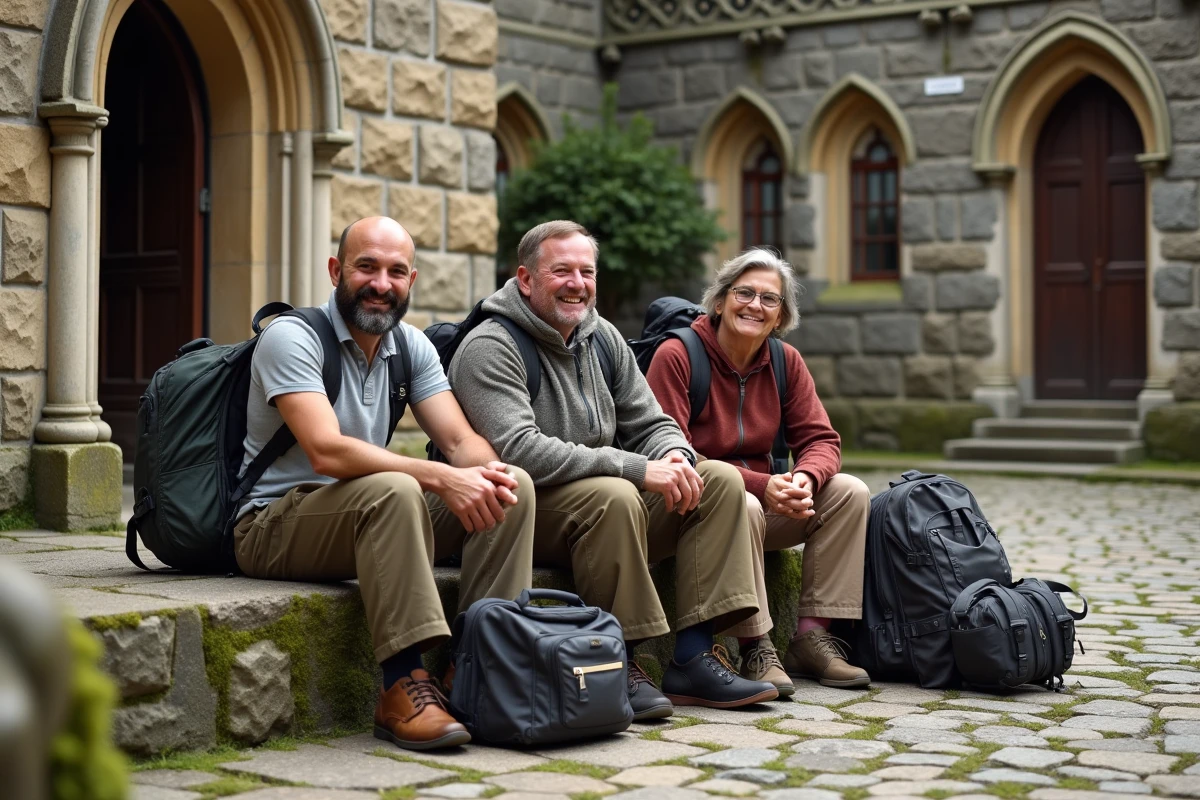 Groupe de pèlerins reposant devant une abbaye historique
