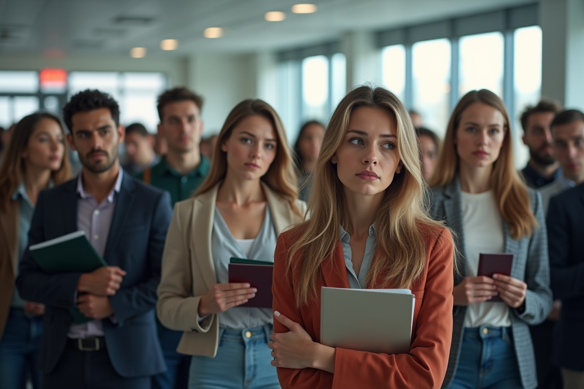 Groupe de personnes anxieuses au consulat avec passeports