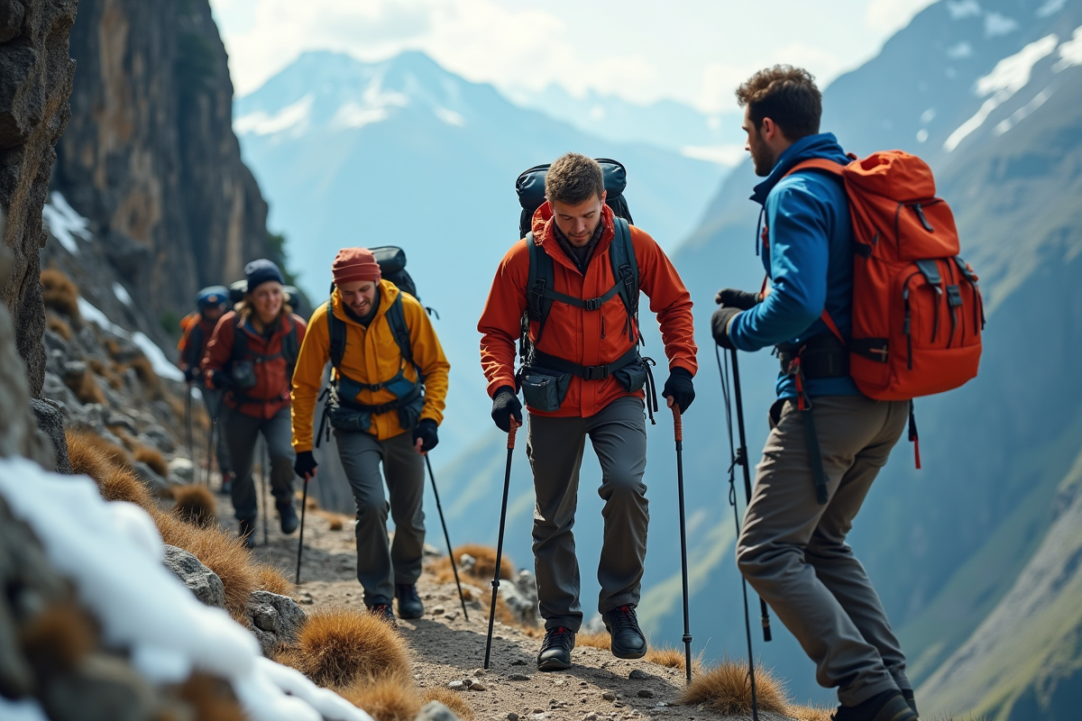 Groupe de randonneurs en ascension sur un sentier escarpé