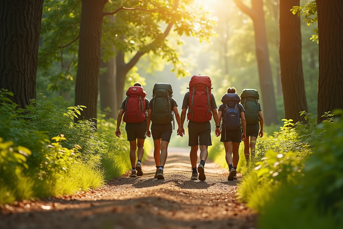 Groupe de randonneurs dans la forêt ensoleillée