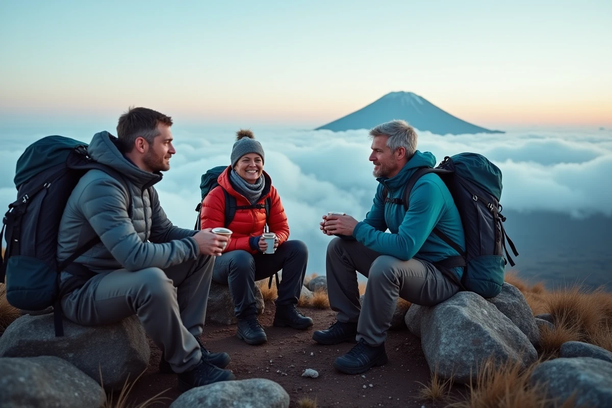 Groupe de randonneurs faisant une pause autour d'un thermos sur un plateau rocheux du Kilimandjaro avec vue sur les nuages en contrebas