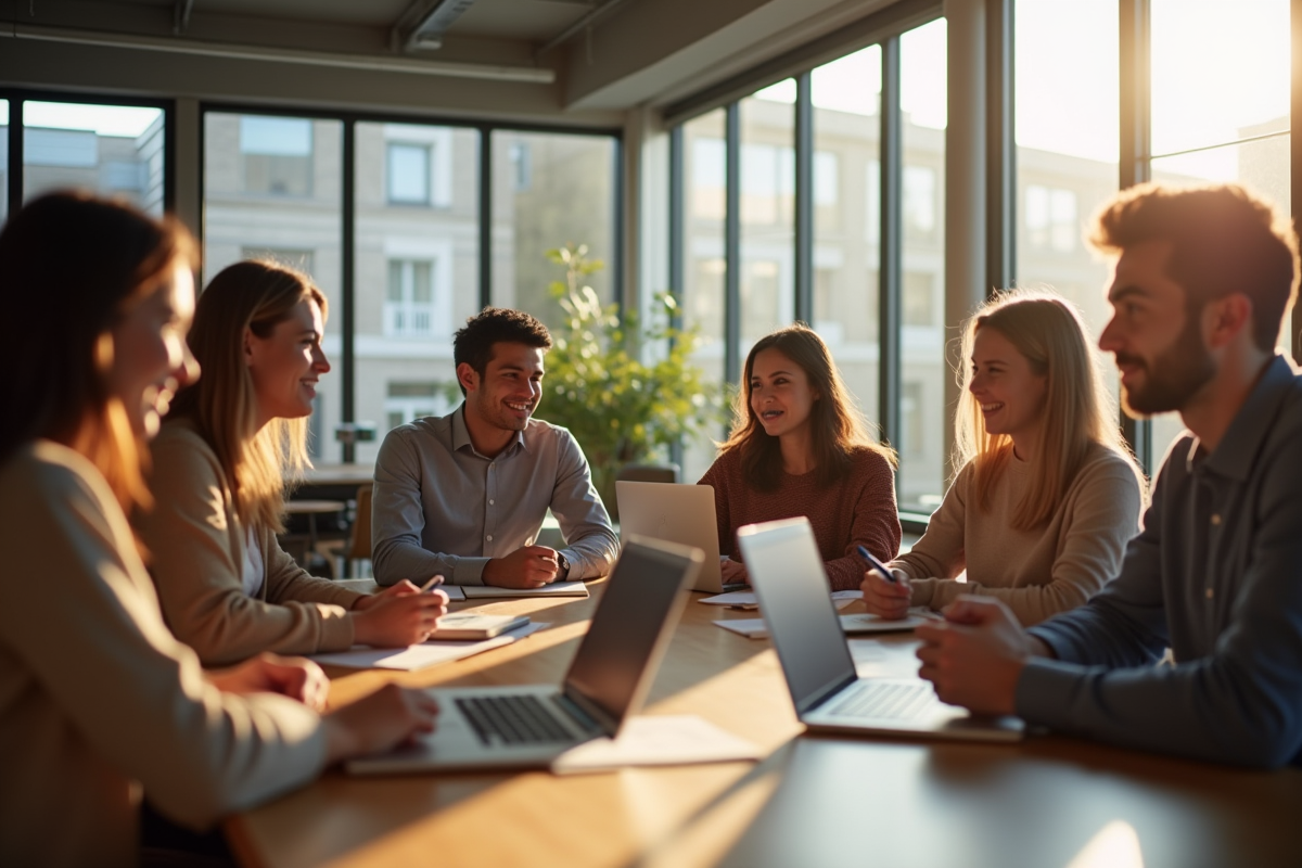 Groupe de jeunes adultes en coworking lumineux