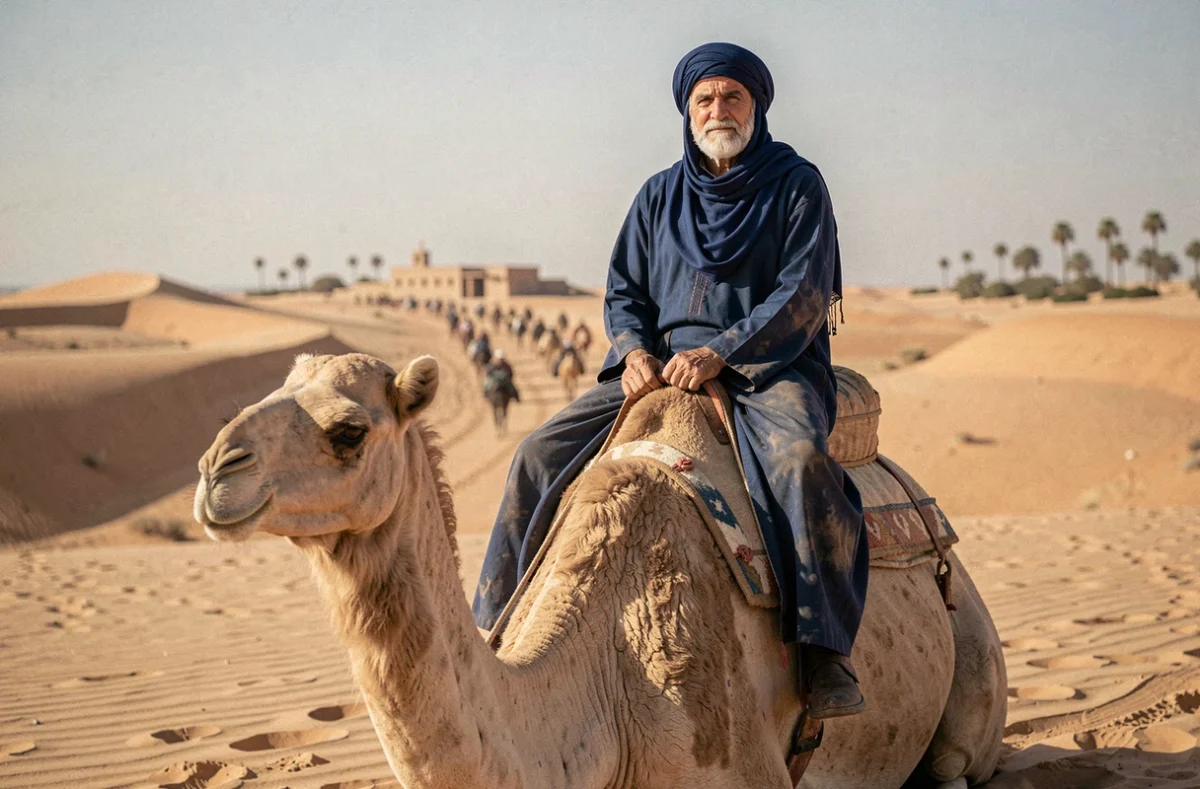 Guide berbère en cheiche indigo sur un dromadaire dans le désert de Douz, Tunisie