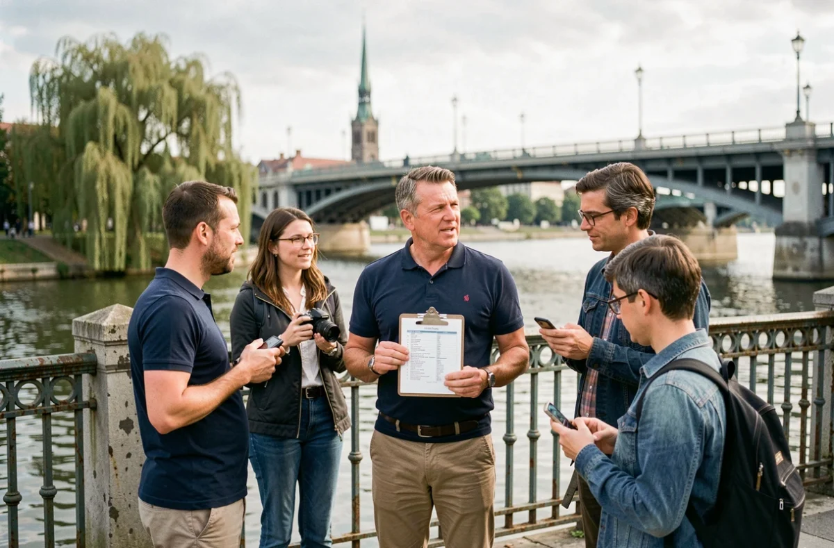 Guide touristique francophone animant une visite de groupe sur une promenade au bord d'une rivière européenne