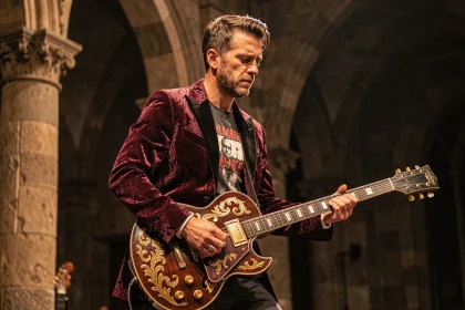 Guitariste électrique en costume baroque jouant sur scène avec architecture en pierre gothique en arrière-plan, fusion baroque et rock