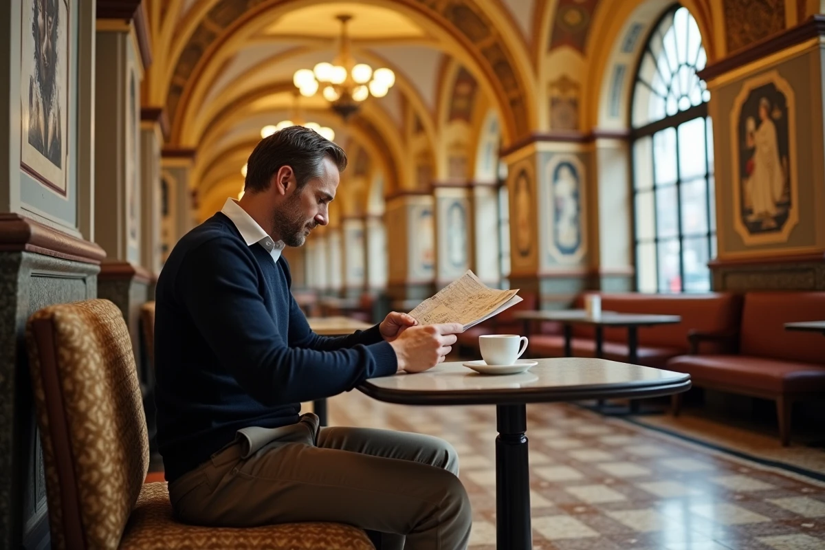 Visiteur consultant un plan touristique dans le hall historique orné du Woolworth Building à New York
