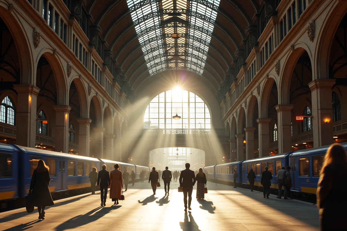 Vue de la grande halle d'une station belge avec lumière naturelle