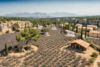 Vue aérienne de la région Provence-Alpes-Côte d'Azur avec des hébergements insolites disséminés dans les lavandes et les forêts de pins
