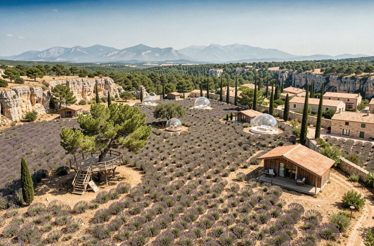 Vue aérienne de la région Provence-Alpes-Côte d'Azur avec des hébergements insolites disséminés dans les lavandes et les forêts de pins