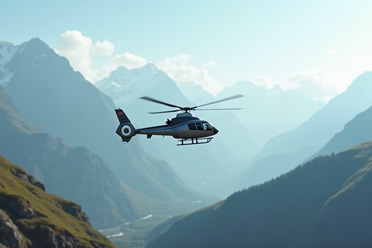 Hélicoptère moderne survolant un paysage montagneux en plein jour