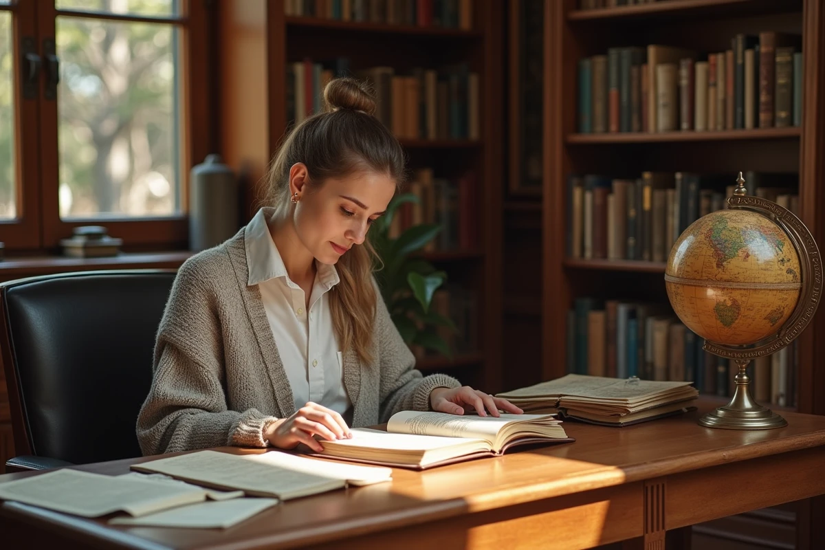 Femme historienne lisant un carnet de voyage ancien dans une bibliothèque