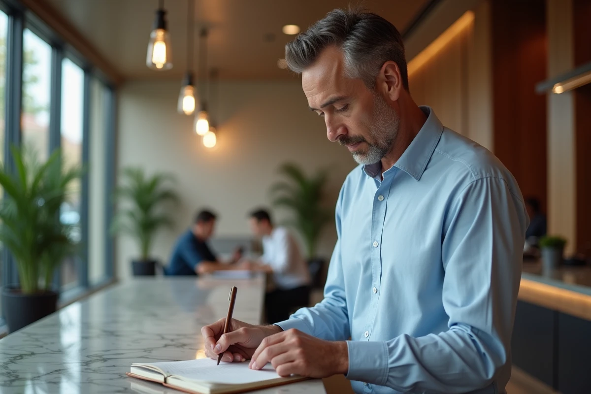 Homme d'affaires prenant des notes dans un espace co-working d'hôtel moderne, symbolisant la flexibilité et la productivité lors des séjours professionnels en hôtel